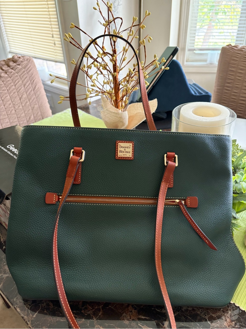 Dooney & Bourke Forest Green Pebbled Leather Tote with Brown Trim